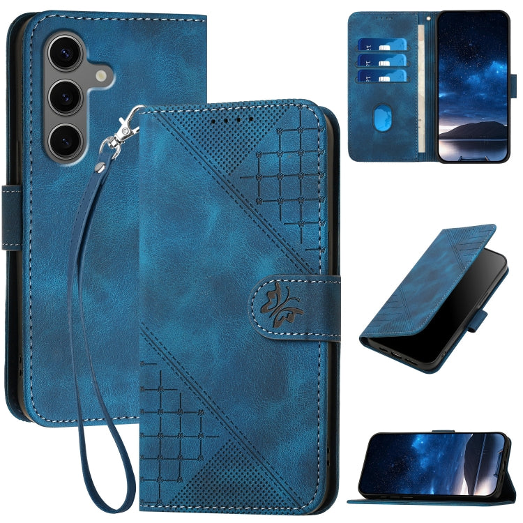 For Samsung Galaxy S25+ 5G YX0080 Grid Butterfly Embossed Pattern Flip Leather Phone Case with Lanyard(Dark Blue) - Galaxy S25+ 5G Cases by PMC Jewellery | Online Shopping South Africa | PMC Jewellery | Buy Now Pay Later Mobicred