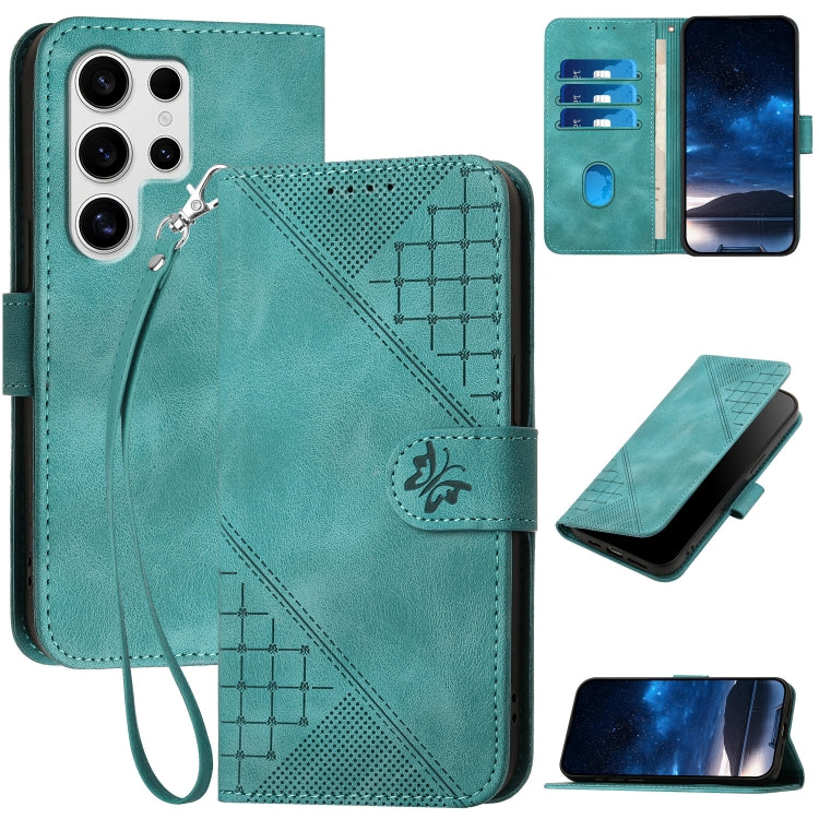 For Samsung Galaxy S25 Ultra 5G YX0080 Grid Butterfly Embossed Pattern Flip Leather Phone Case with Lanyard(Light Blue) - Galaxy S25 Ultra 5G Cases by PMC Jewellery | Online Shopping South Africa | PMC Jewellery | Buy Now Pay Later Mobicred