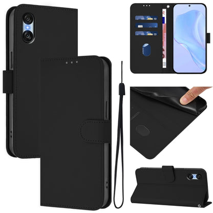 For Sony Xperia 10 VI 2024 Skin Feel Solid Color Leather Phone Case with Lanyard(Black) - Sony Cases by PMC Jewellery | Online Shopping South Africa | PMC Jewellery | Buy Now Pay Later Mobicred