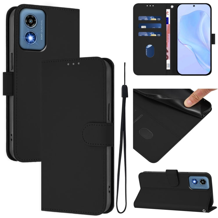 For Motorola Moto G Play 5G 2024 Global Skin Feel Solid Color Leather Phone Case with Lanyard(Black) - Motorola Cases by PMC Jewellery | Online Shopping South Africa | PMC Jewellery | Buy Now Pay Later Mobicred
