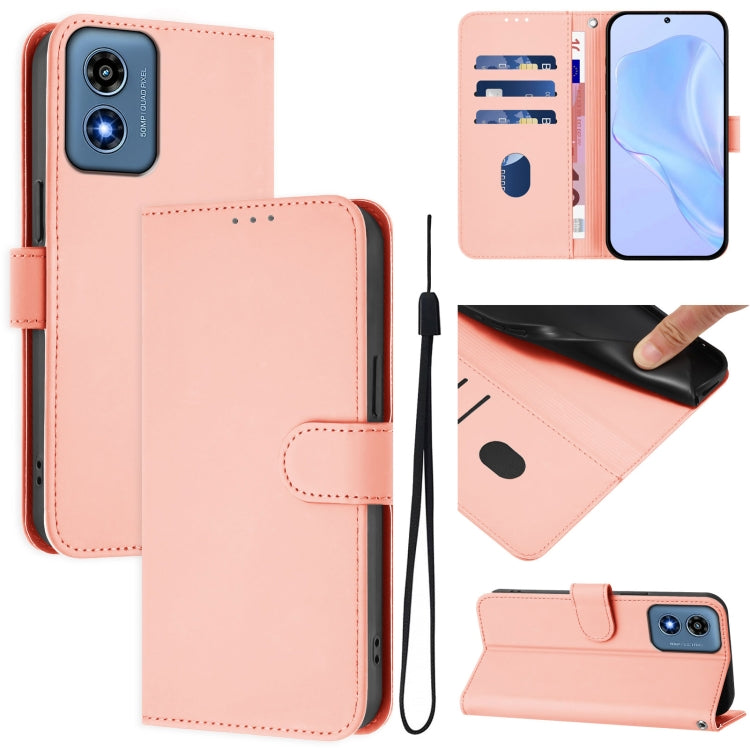 For Motorola Moto G Play 4G 2024 Global Skin Feel Solid Color Leather Phone Case with Lanyard(Pink) - Motorola Cases by PMC Jewellery | Online Shopping South Africa | PMC Jewellery | Buy Now Pay Later Mobicred