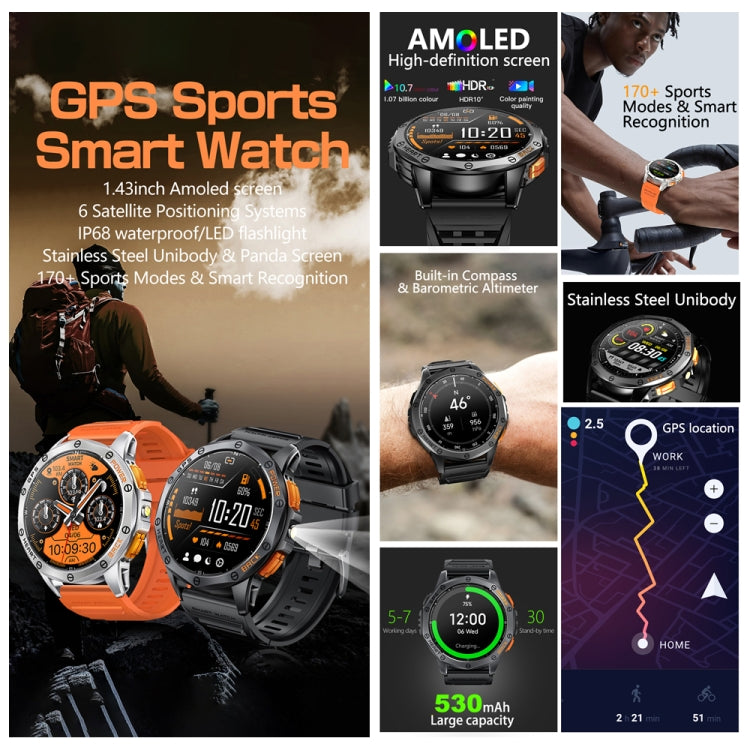 LEMFO K67 1.43 inch AMOLED Screen GPS Sports Smart Watch, Support Bluetooth Call / Health Monitoring(Black) - free shipping - PMC TechLife - Order now!