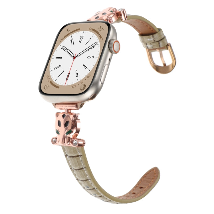 For Apple Watch 42mm / 41mm / 40mm / 38mm Leopard Head Bamboo Texture Leather Watch Band(Rose Gold Khaki) - free shipping - PMC TechLife - Order now!
