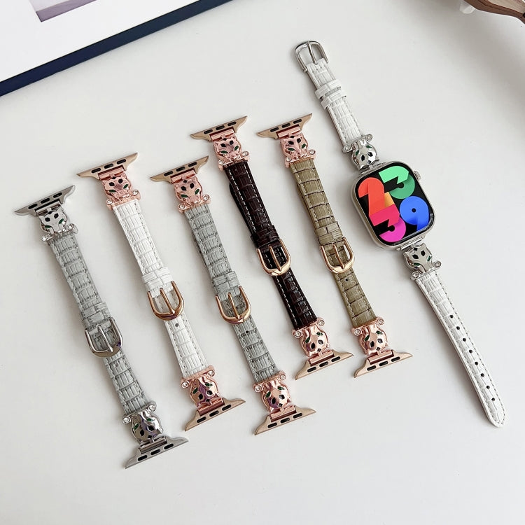 For Apple Watch 42mm / 41mm / 40mm / 38mm Leopard Head Bamboo Texture Leather Watch Band(Rose Gold Khaki) - free shipping - PMC TechLife - Order now!