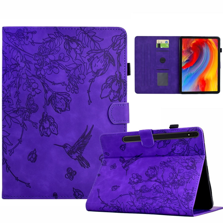 For Samsung Galaxy Tab S9 Flowers and Bird Embossed Smart Leather Tablet Case(Purple) - Galaxy Tab S9 Cases by PMC Jewellery | Online Shopping South Africa | PMC Jewellery | Buy Now Pay Later Mobicred