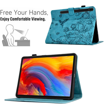 For Samsung Galaxy Tab S9 Flowers and Bird Embossed Smart Leather Tablet Case(Light Blue) - Galaxy Tab S9 Cases by PMC Jewellery | Online Shopping South Africa | PMC Jewellery | Buy Now Pay Later Mobicred