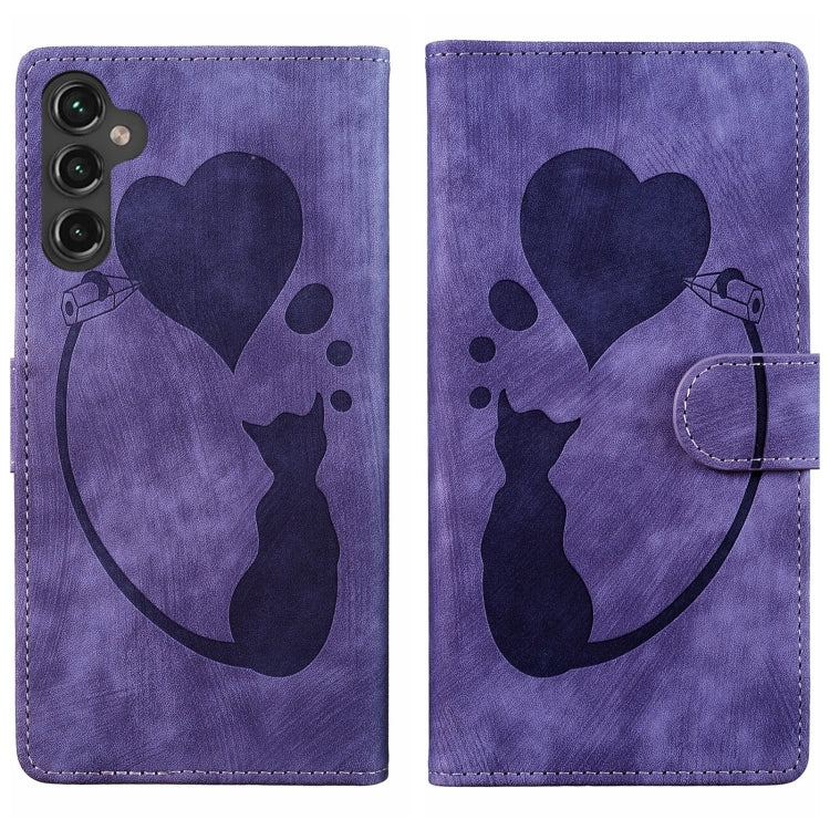 For Samsung Galaxy S25 5G Pen Heart Cat Embossed Leather Phone Case(Purple) - Galaxy S25 5G Cases by PMC TechLife | Online Shopping South Africa | PMC TechLife | Buy Now Pay Later Mobicred