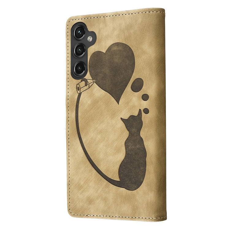 For Samsung Galaxy S25 5G Pen Heart Cat Embossed Leather Phone Case(Apricot) - Galaxy S25 5G Cases by PMC TechLife | Online Shopping South Africa | PMC TechLife | Buy Now Pay Later Mobicred