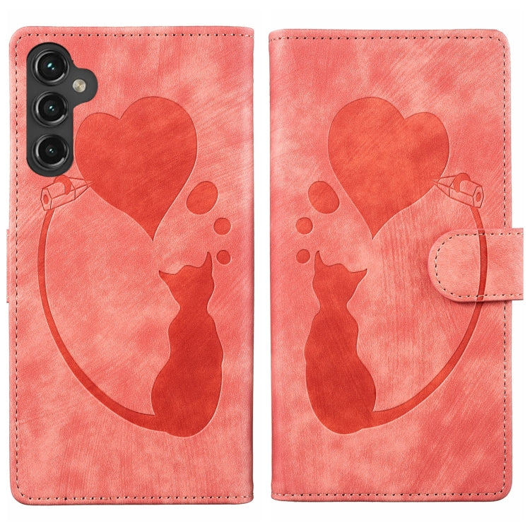 For Samsung Galaxy S25+ 5G Pen Heart Cat Embossed Leather Phone Case(Orange) - Galaxy S25+ 5G Cases by PMC TechLife | Online Shopping South Africa | PMC TechLife | Buy Now Pay Later Mobicred