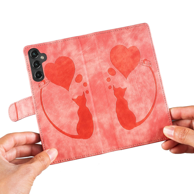 For Samsung Galaxy S25+ 5G Pen Heart Cat Embossed Leather Phone Case(Orange) - Galaxy S25+ 5G Cases by PMC TechLife | Online Shopping South Africa | PMC TechLife | Buy Now Pay Later Mobicred