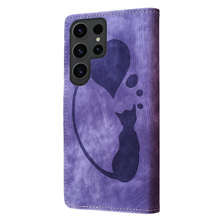 For Samsung Galaxy S25 Ultra 5G Pen Heart Cat Embossed Leather Phone Case(Purple) - free shipping - PMC TechLife - Order now!