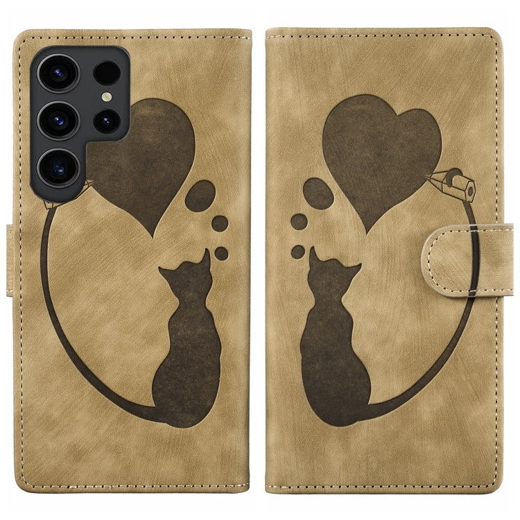 For Samsung Galaxy S25 Ultra 5G Pen Heart Cat Embossed Leather Phone Case(Apricot) - Galaxy S25 Ultra 5G Cases by PMC TechLife | Online Shopping South Africa | PMC TechLife | Buy Now Pay Later Mobicred