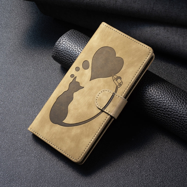 For Samsung Galaxy S25 Ultra 5G Pen Heart Cat Embossed Leather Phone Case(Apricot) - Galaxy S25 Ultra 5G Cases by PMC TechLife | Online Shopping South Africa | PMC TechLife | Buy Now Pay Later Mobicred