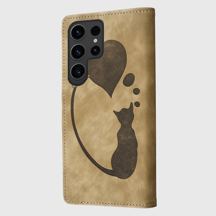 For Samsung Galaxy S25 Ultra 5G Pen Heart Cat Embossed Leather Phone Case(Apricot) - Galaxy S25 Ultra 5G Cases by PMC TechLife | Online Shopping South Africa | PMC TechLife | Buy Now Pay Later Mobicred