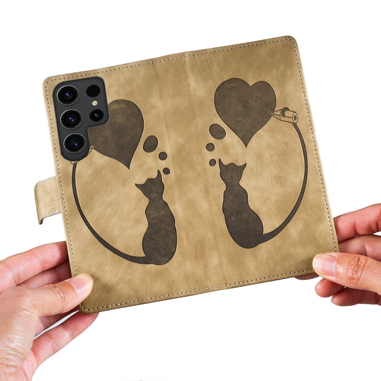 For Samsung Galaxy S25 Ultra 5G Pen Heart Cat Embossed Leather Phone Case(Apricot) - Galaxy S25 Ultra 5G Cases by PMC TechLife | Online Shopping South Africa | PMC TechLife | Buy Now Pay Later Mobicred