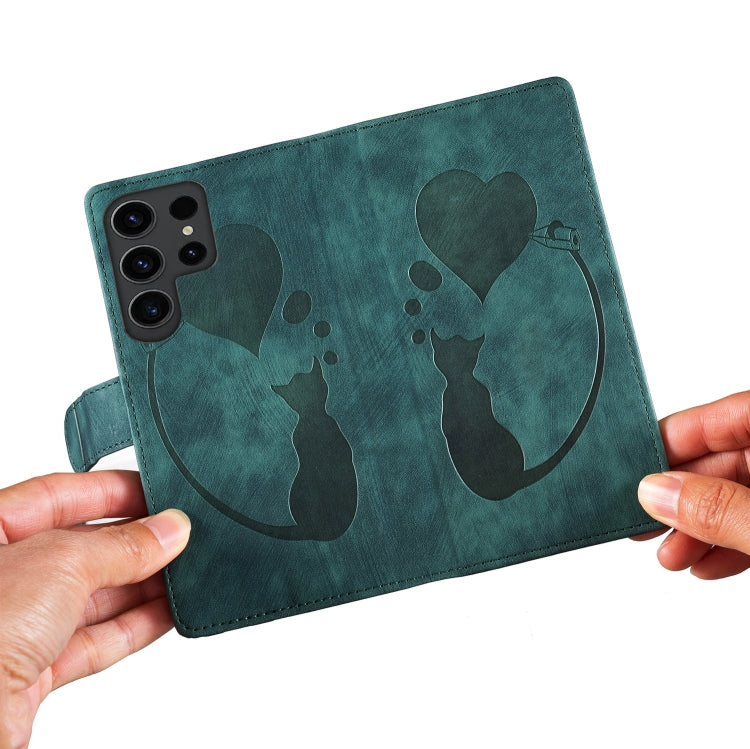 For Samsung Galaxy S25 Ultra 5G Pen Heart Cat Embossed Leather Phone Case(Green) - Galaxy S25 Ultra 5G Cases by PMC TechLife | Online Shopping South Africa | PMC TechLife | Buy Now Pay Later Mobicred
