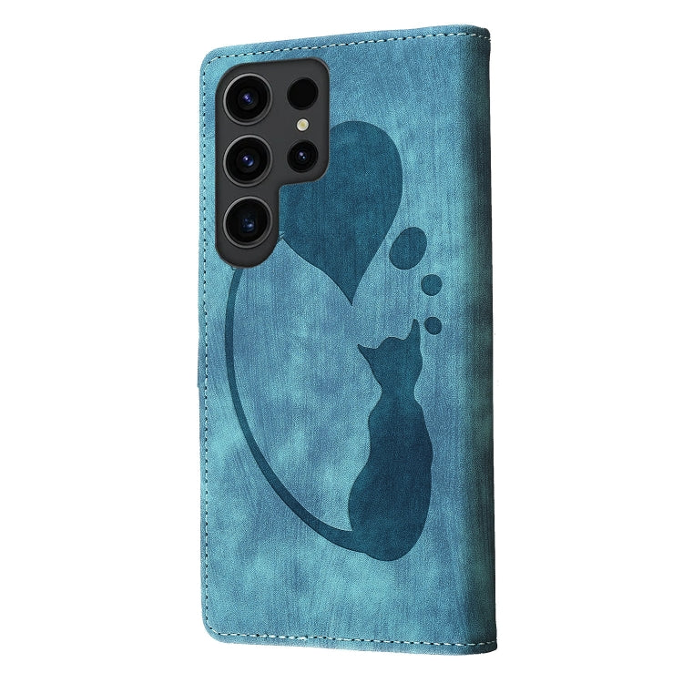For Samsung Galaxy S25 Ultra 5G Pen Heart Cat Embossed Leather Phone Case(Blue) - Galaxy S25 Ultra 5G Cases by PMC TechLife | Online Shopping South Africa | PMC TechLife | Buy Now Pay Later Mobicred