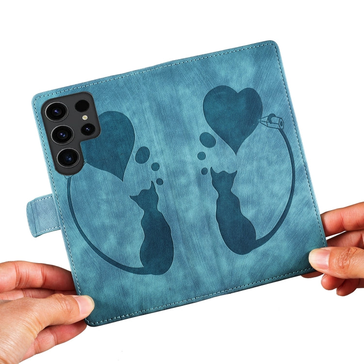 For Samsung Galaxy S25 Ultra 5G Pen Heart Cat Embossed Leather Phone Case(Blue) - Galaxy S25 Ultra 5G Cases by PMC TechLife | Online Shopping South Africa | PMC TechLife | Buy Now Pay Later Mobicred