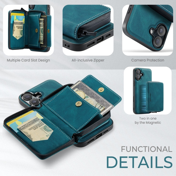 For iPhone 16 Plus JEEHOOD J02 Magnetic Zipper Horizontal Flip Leather Phone Case(Blue) - free shipping - PMC Jewellery - Order now!