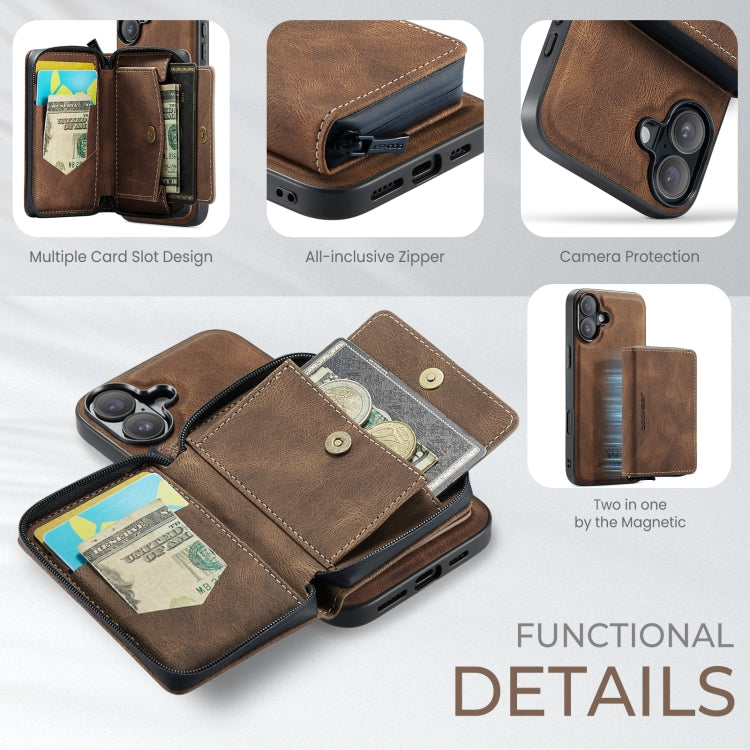 For iPhone 16 Plus JEEHOOD J02 Magnetic Zipper Horizontal Flip Leather Phone Case(Brown) - iPhone 16 Plus Cases by JEEHOOD | Online Shopping South Africa | PMC Jewellery | Buy Now Pay Later Mobicred