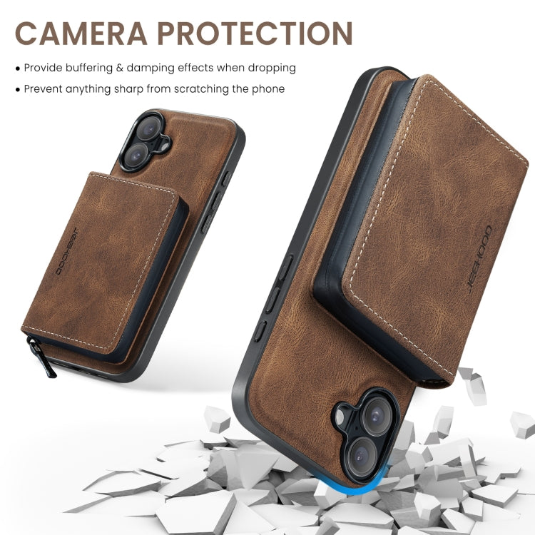 For iPhone 16 Plus JEEHOOD J02 Magnetic Zipper Horizontal Flip Leather Phone Case(Brown) - iPhone 16 Plus Cases by JEEHOOD | Online Shopping South Africa | PMC Jewellery | Buy Now Pay Later Mobicred