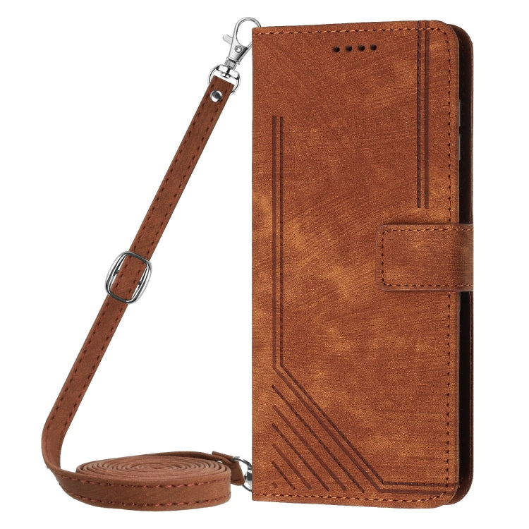 For Samsung Galaxy S25 Ultra 5G Skin Feel Stripe Pattern Leather Phone Case with Long Lanyard(Brown) - Galaxy S25 Ultra 5G Cases by PMC Jewellery | Online Shopping South Africa | PMC Jewellery | Buy Now Pay Later Mobicred
