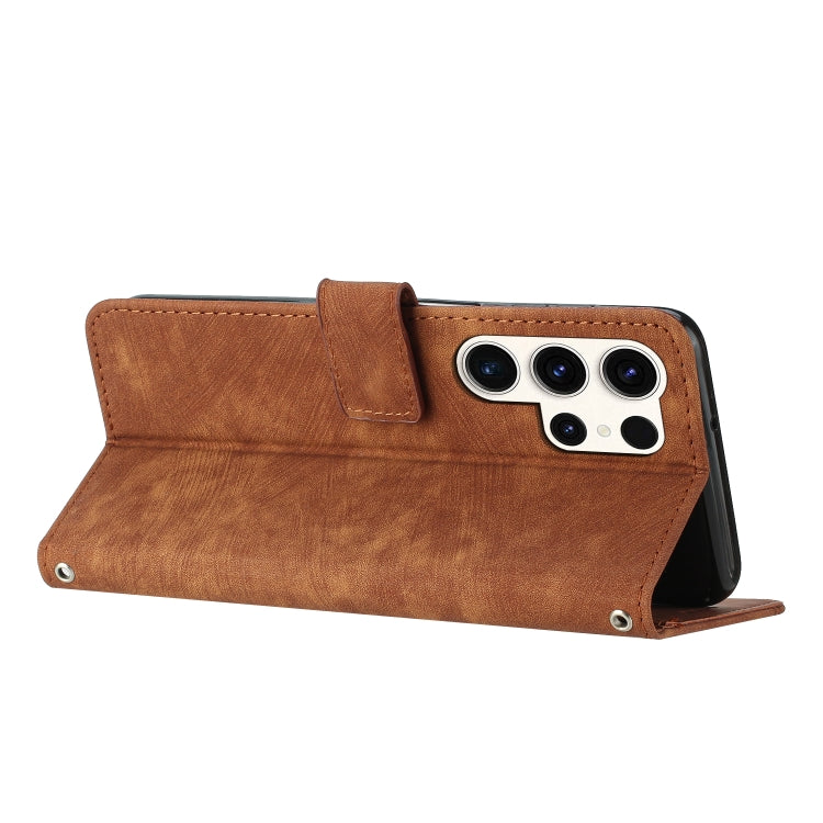 For Samsung Galaxy S25 Ultra 5G Skin Feel Stripe Pattern Leather Phone Case with Long Lanyard(Brown) - Galaxy S25 Ultra 5G Cases by PMC Jewellery | Online Shopping South Africa | PMC Jewellery | Buy Now Pay Later Mobicred