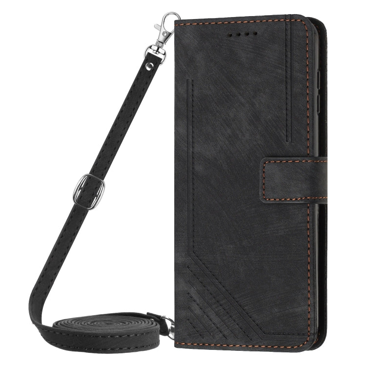 For Samsung Galaxy S25 Ultra 5G Skin Feel Stripe Pattern Leather Phone Case with Long Lanyard(Black) - Galaxy S25 Ultra 5G Cases by PMC Jewellery | Online Shopping South Africa | PMC Jewellery | Buy Now Pay Later Mobicred