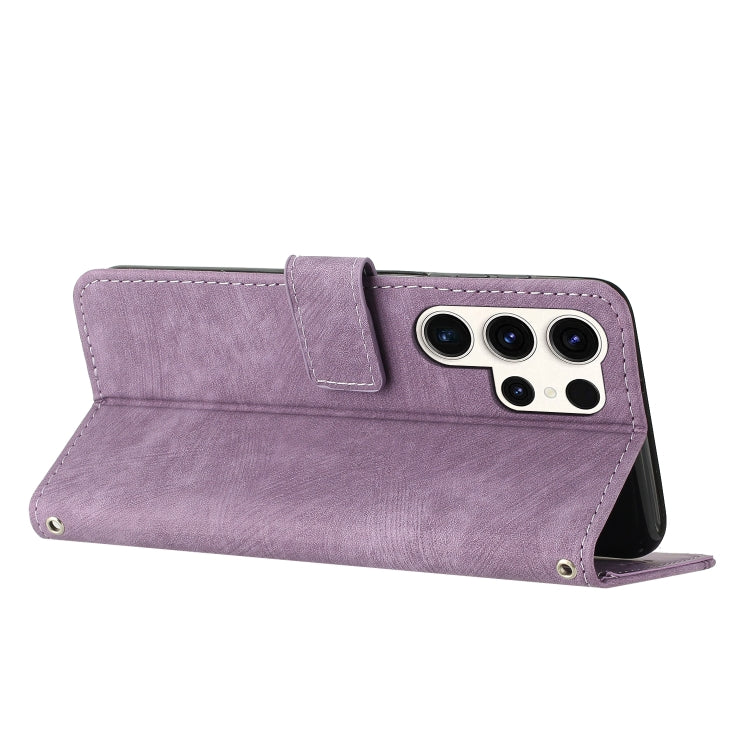 For Samsung Galaxy S25 Ultra 5G Skin Feel Stripe Pattern Leather Phone Case with Long Lanyard(Purple) - free shipping - PMC Jewellery - Order now!