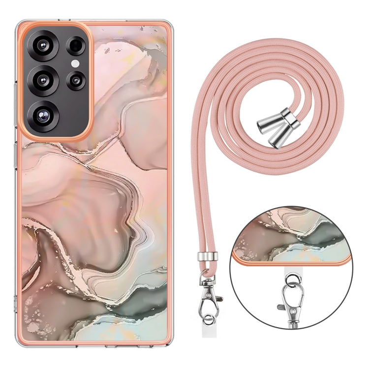For Samsung Galaxy S25 Ultra 5G Electroplating Marble Dual-side IMD Phone Case with Lanyard(Rose Gold 015) - Galaxy S25 Ultra 5G Cases by PMC Jewellery | Online Shopping South Africa | PMC Jewellery | Buy Now Pay Later Mobicred