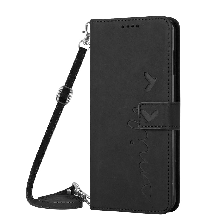 For Samsung Galaxy S25 / S24 5G Skin Feel Heart Embossed Leather Phone Case with Long Lanyard(Black) - Galaxy S25 5G Cases by PMC TechLife | Online Shopping South Africa | PMC TechLife | Buy Now Pay Later Mobicred