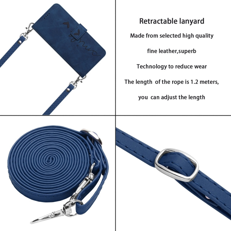 For Samsung Galaxy S25 / S24 5G Skin Feel Heart Embossed Leather Phone Case with Long Lanyard(Blue) - Galaxy S25 5G Cases by PMC TechLife | Online Shopping South Africa | PMC TechLife | Buy Now Pay Later Mobicred