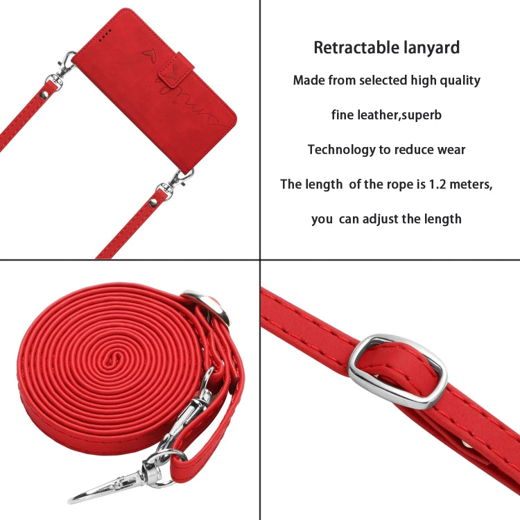 For Samsung Galaxy S25 / S24 5G Skin Feel Heart Embossed Leather Phone Case with Long Lanyard(Red) - Galaxy S25 5G Cases by PMC TechLife | Online Shopping South Africa | PMC TechLife | Buy Now Pay Later Mobicred