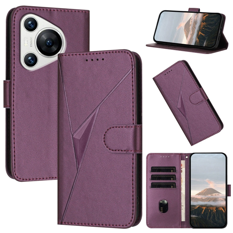 For Huawei Pura 70 Triangle Pattern Buckle Clasp Leather Phone Case(Dark Purple) - Huawei Cases by PMC Jewellery | Online Shopping South Africa | PMC Jewellery | Buy Now Pay Later Mobicred