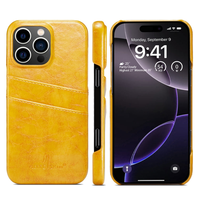 For iPhone 16 Pro Max Fierre Shann Retro Oil Wax Texture Card Slots PU Leather Phone Case(Yellow) - free shipping - PMC Jewellery - Order now!