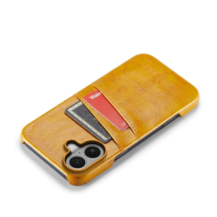 For iPhone 16 Plus Fierre Shann Retro Oil Wax Texture Card Slots PU Leather Phone Case(Yellow) - free shipping - PMC Jewellery - Order now!