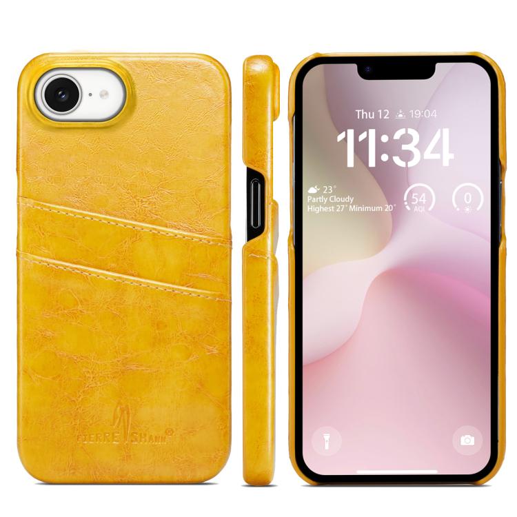 For iPhone 16e Fierre Shann Retro Oil Wax Texture Card Slots PU Leather Phone Case(Yellow) - free shipping - PMc TechLife - Order now!