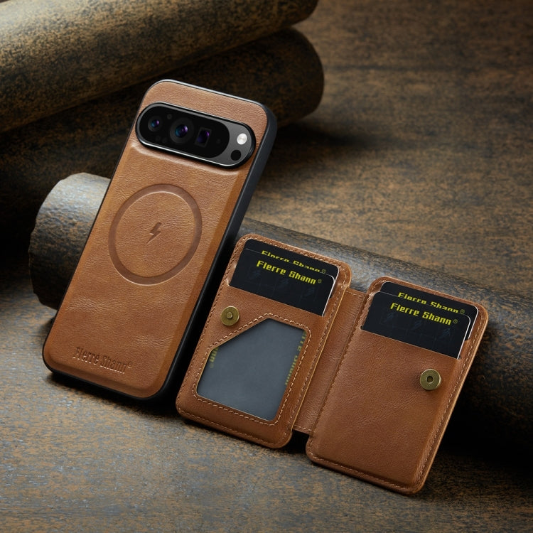 For Google Pixel 9 Pro XL Fierre Shann Cowhide Horizontal Flip Magnetic Card Holder Phone Case(Brown) - Google Cases by FIERRE SHANN | Online Shopping South Africa | PMC TechLife | Buy Now Pay Later Mobicred