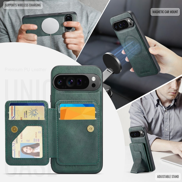 For Google Pixel 9 Pro XL Fierre Shann Cowhide Horizontal Flip Magnetic Card Holder Phone Case(Green) - Google Cases by FIERRE SHANN | Online Shopping South Africa | PMC TechLife | Buy Now Pay Later Mobicred