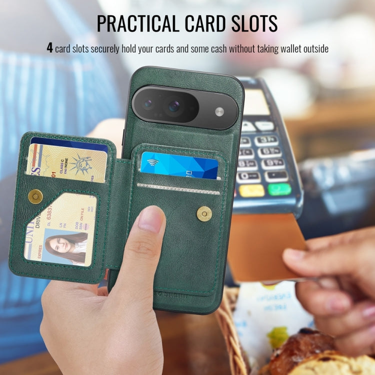 For Google Pixel 9 / 9 Pro Fierre Shann Cowhide Horizontal Flip Magnetic Card Holder Phone Case(Green) - Google Cases by FIERRE SHANN | Online Shopping South Africa | PMC TechLife | Buy Now Pay Later Mobicred