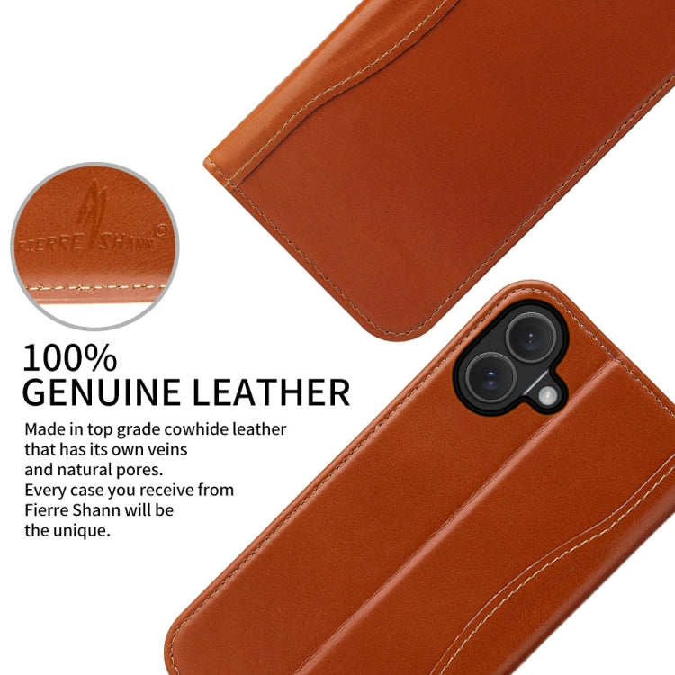 For iPhone 16 Fierre Shann Cowhide Leather Flip Leather Phone Case(Brown) - iPhone 16 Cases by FIERRE SHANN | Online Shopping South Africa | PMC Jewellery | Buy Now Pay Later Mobicred