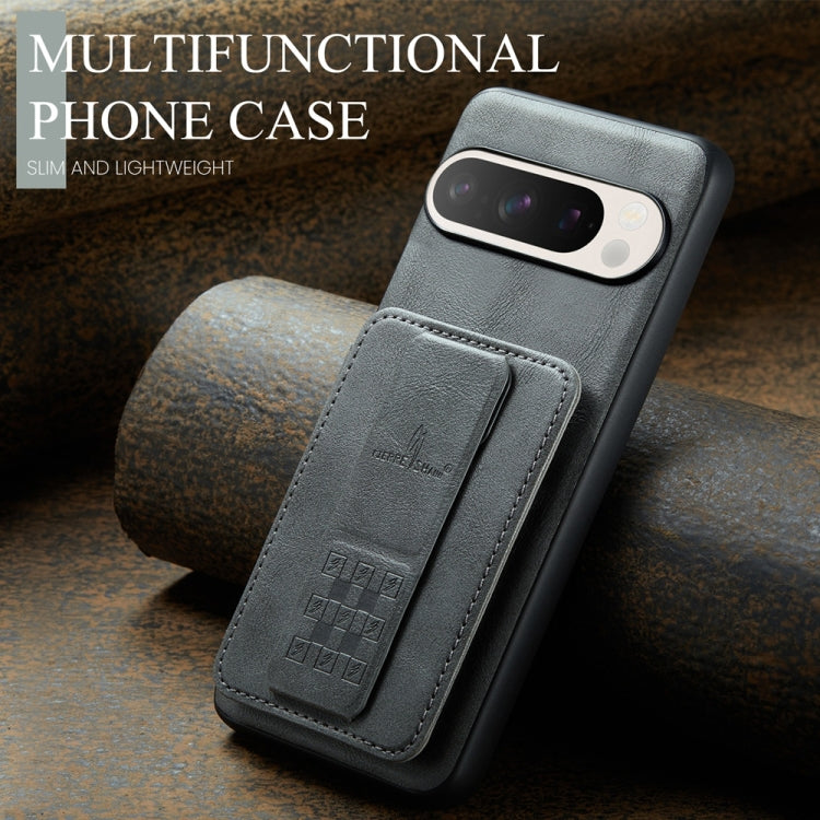 For Google Pixel 9 Pro XL Fierre Shann Oil Wax Cow Leather Card Holder Back Phone Case(Grey) - free shipping - PMC TechLife - Order now!