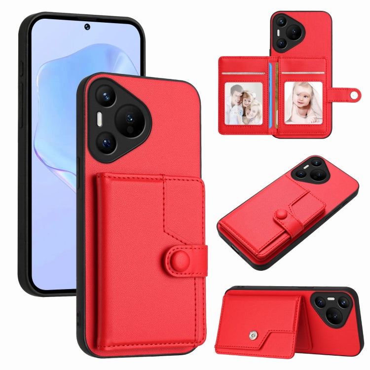 For Huawei Pura 70 Button Card Bag RFID Anti-theft Phone Case(Red) - Huawei Cases by PMC Jewellery | Online Shopping South Africa | PMC Jewellery | Buy Now Pay Later Mobicred