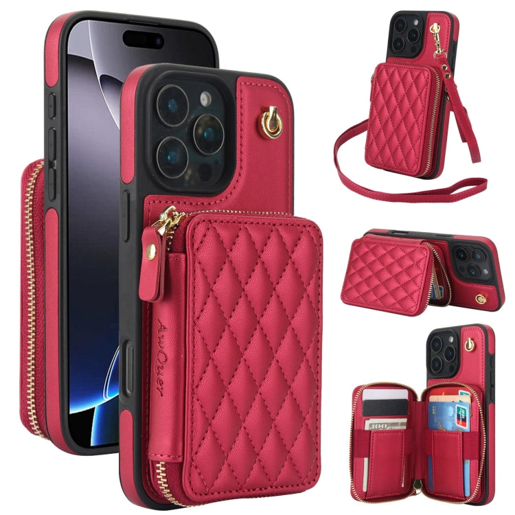 For iPhone 16 Pro Max AwQuer Crossbody Zipper Wallet Rhombic Leather Back Phone Case(Red) - free shipping - PMC Jewellery - Order now!