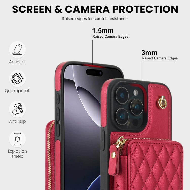 For iPhone 16 Pro Max AwQuer Crossbody Zipper Wallet Rhombic Leather Back Phone Case(Red) - free shipping - PMC Jewellery - Order now!
