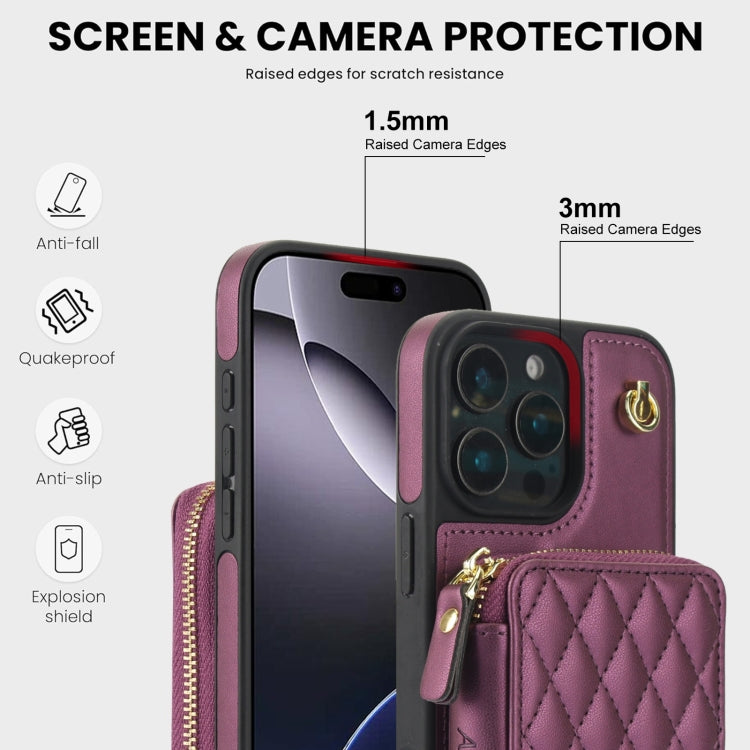 For iPhone 16 Pro Max AwQuer Crossbody Zipper Wallet Rhombic Leather Back Phone Case(Dark Purple) - free shipping - PMC Jewellery - Order now!