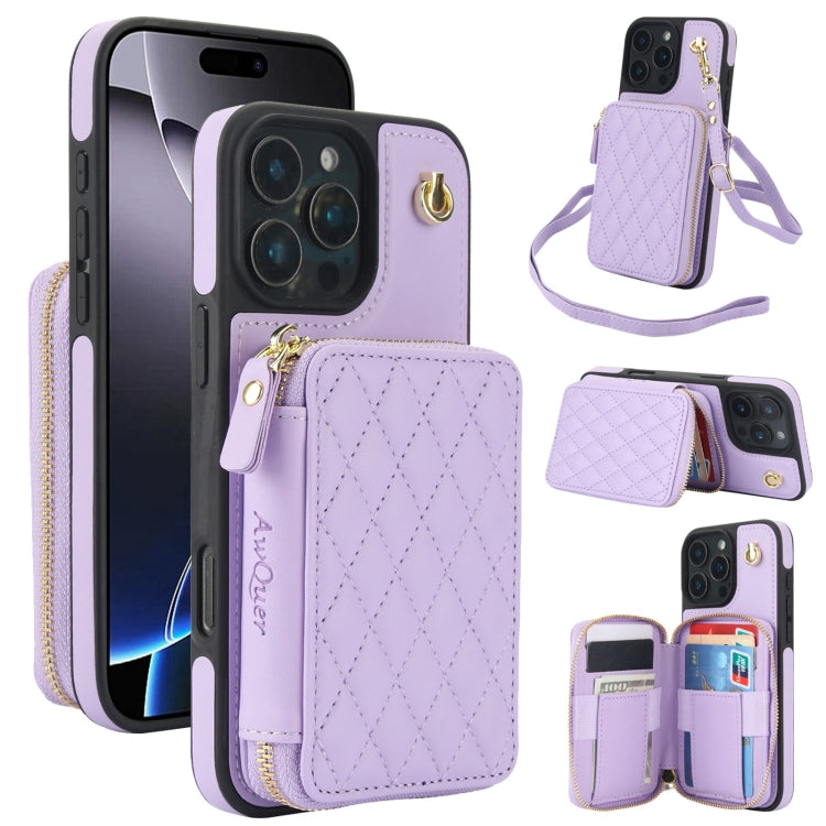 For iPhone 16 Pro Max AwQuer Crossbody Zipper Wallet Rhombic Leather Back Phone Case(Purple) - free shipping - PMC Jewellery - Order now!