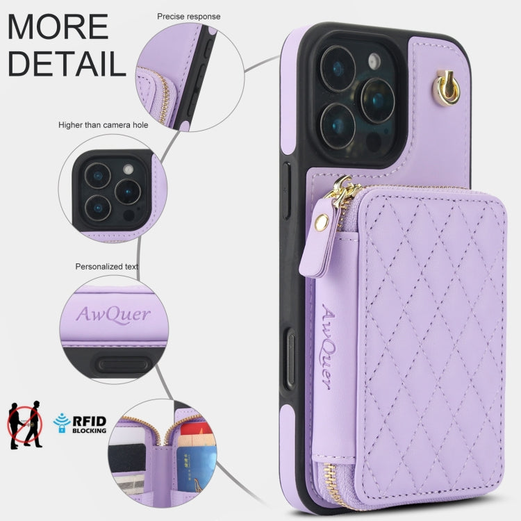 For iPhone 16 Pro Max AwQuer Crossbody Zipper Wallet Rhombic Leather Back Phone Case(Purple) - free shipping - PMC Jewellery - Order now!