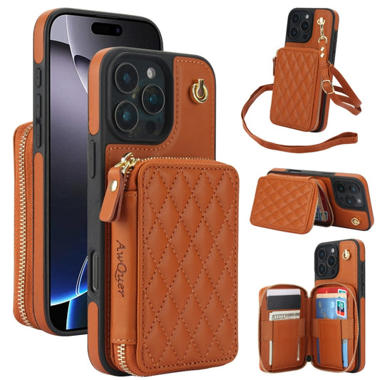 For iPhone 16 Pro Max AwQuer Crossbody Zipper Wallet Rhombic Leather Back Phone Case(Brown) - iPhone 16 Pro Max Cases by Awquer | Online Shopping South Africa | PMC Jewellery | Buy Now Pay Later Mobicred