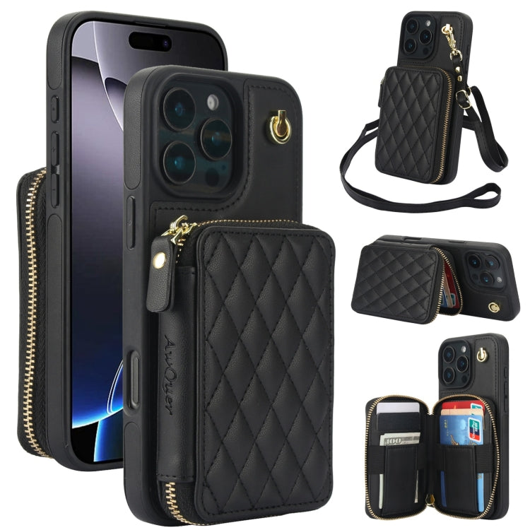 For iPhone 16 Pro AwQuer Crossbody Zipper Wallet Rhombic Leather Back Phone Case(Black) - free shipping - PMC Jewellery - Order now!